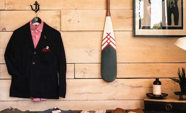 A photo of a jacket and a paddle on the wall
